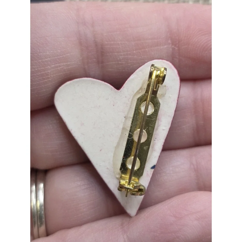 Handcrafted Ceramic Heart-shaped Pin W/ Hant Painted Button In The Middle
